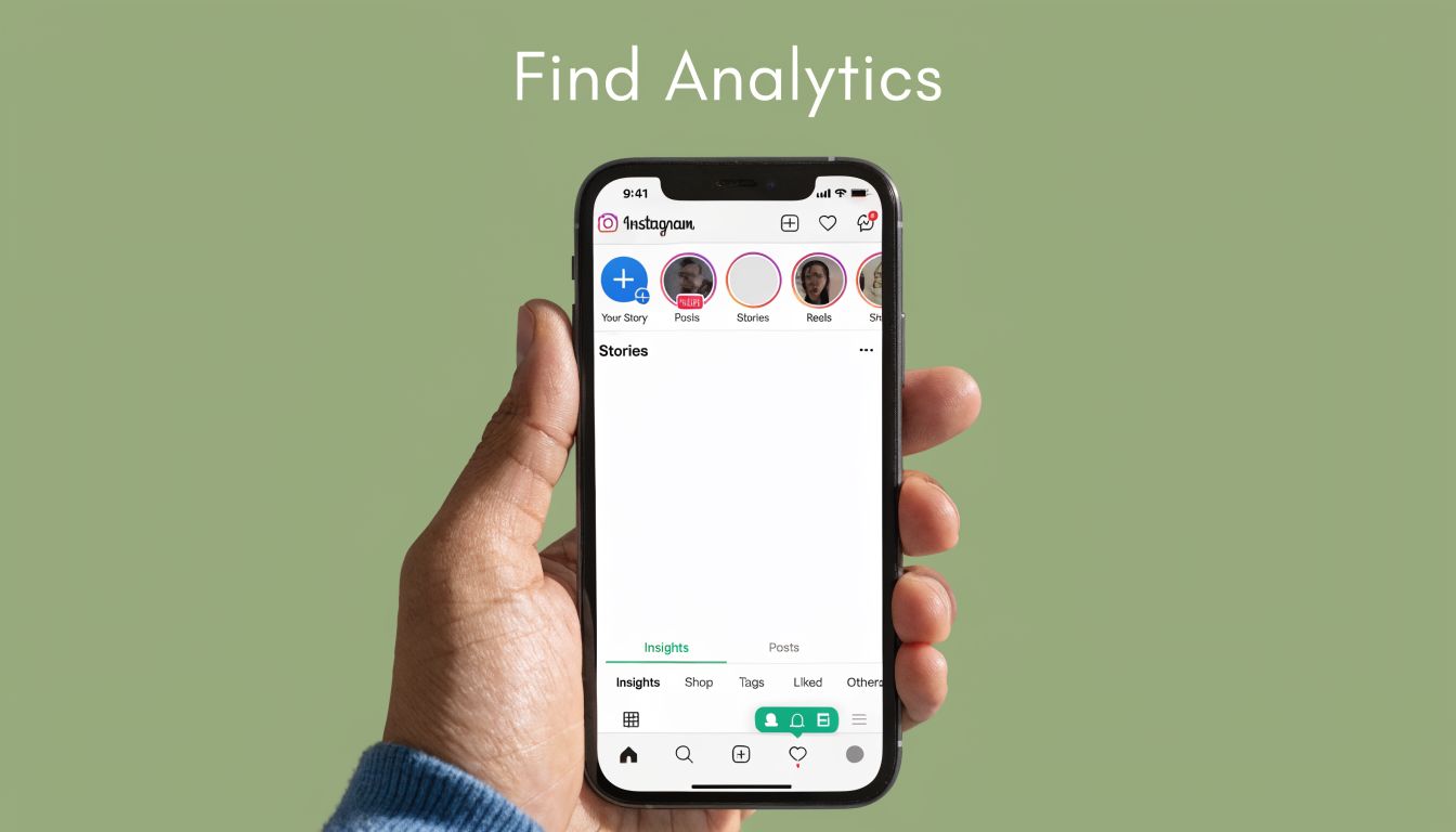 A hand holding a smartphone displaying an Instagram analytics interface on a light green background.