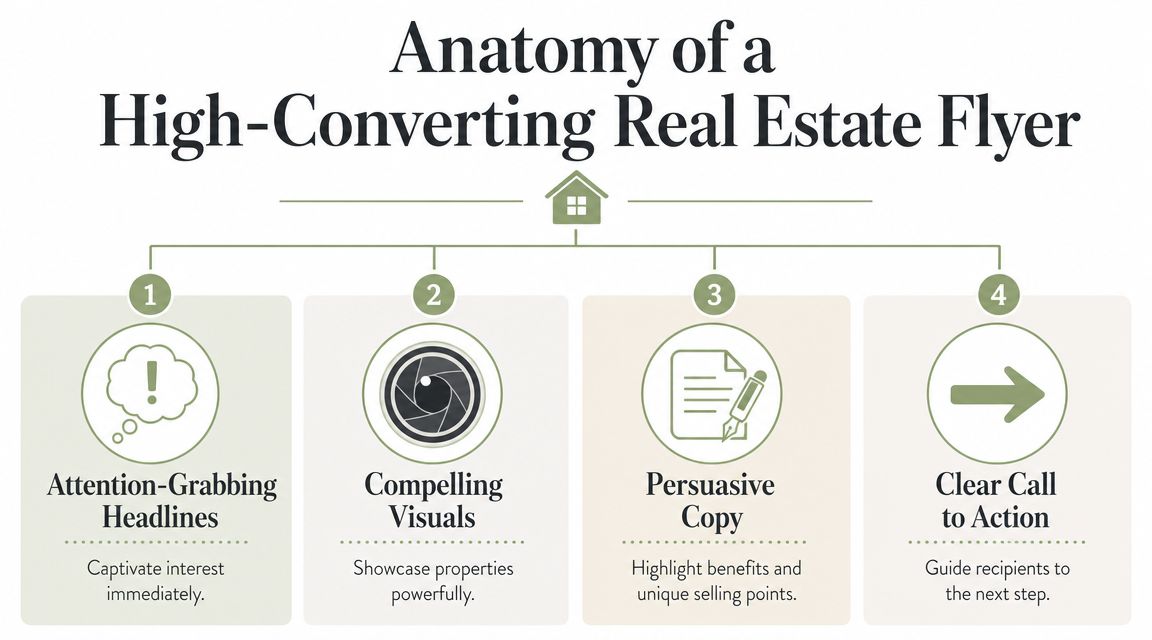 An infographic detailing the four essential elements required to create an effective and high-converting real estate flyer.