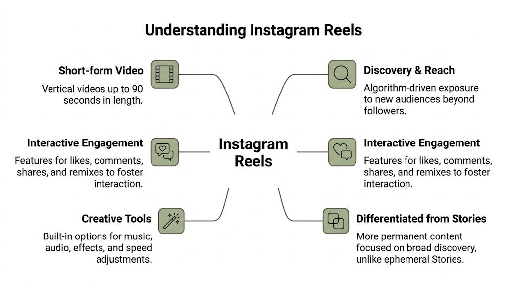 A diagram illustrating the key features of Instagram Reels, including short-form video, discovery, engagement, and creative tools.